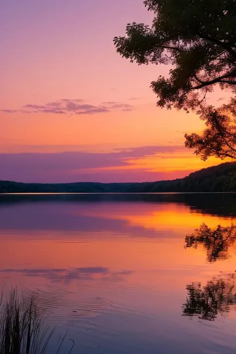 Imagine a tranquil evening by a picturesque lake. The sky is painted with a breathtaking blend of colors as the sun sets in the horizon, casting a warm orange and pink glow across the water. The gentle ripples of the lake create a soothing melody, harmonizing with the whispers of the soft breeze.