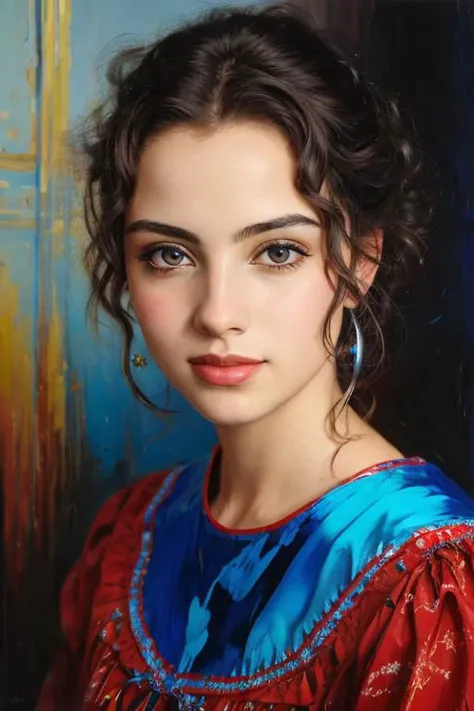 Beautiful girl clad in vibrant blue Santa Claus attire inspired by Alice Monks and Glenn Brown, oil painting, digital painting, alcohol inks creating bright saturated colors, Glenn Brown style flourishes, soft interplay of light and shadow, complex background brimming with random hyper-detailed elements, trending on art station vibe, intricate embellishments echoing Anna Razumovskaya, Gabriele Del Otto, Casey Baugh, Antonio Mora, Aminola Rezai, Giovanni Boldini