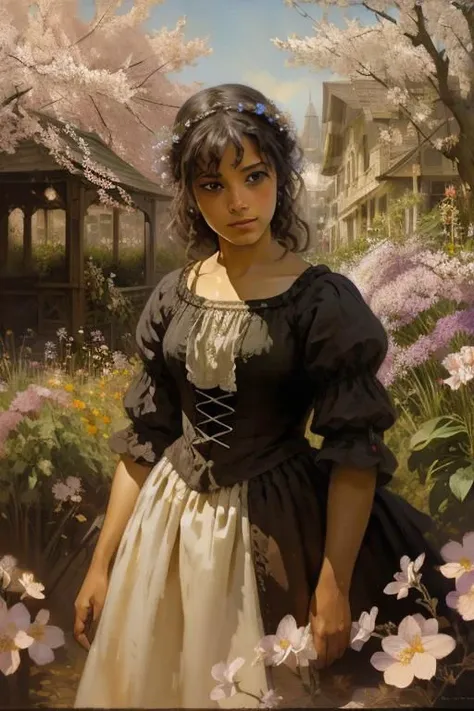 ((best quality)), ((masterpiece)), RTX, 8k, HDR, Best Quality, Cinematic Story, Frank Frazetta, Fabian Perez, Henry Asensio, Jeremy Mann, Mark Simonetti, Realistic Art, Digital Illustration, Portrait, Spiritual Painting, Watercolor, Oil Paints, Digital Art , Spring maid, rich Sunbeams, garden with blossoming, Sakura flowers and bougainville, mystical, dreamy, rococo detailed, intricate, mannerism , muted colors, masterpiece, high quality,