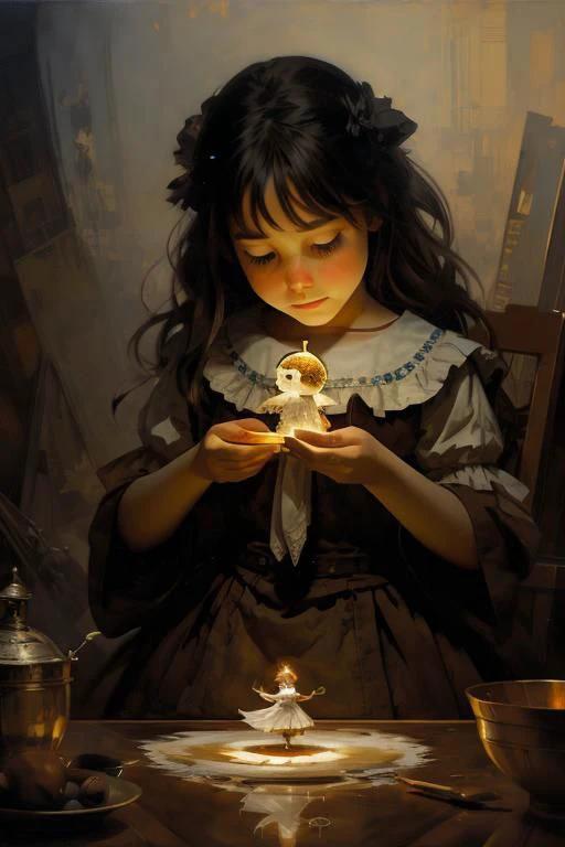 detailed a whimsical fabulous littli girl builds a snowman, color ink flow, 8k resolution, dreamcore, ultra realistic illustration, in style Craig Davison, Ray Caesar, Thomas Eakins. Adorable beautiful, radiant, magical, by Agnes Cecile, by Andr Masson, complementary colors,oil paint