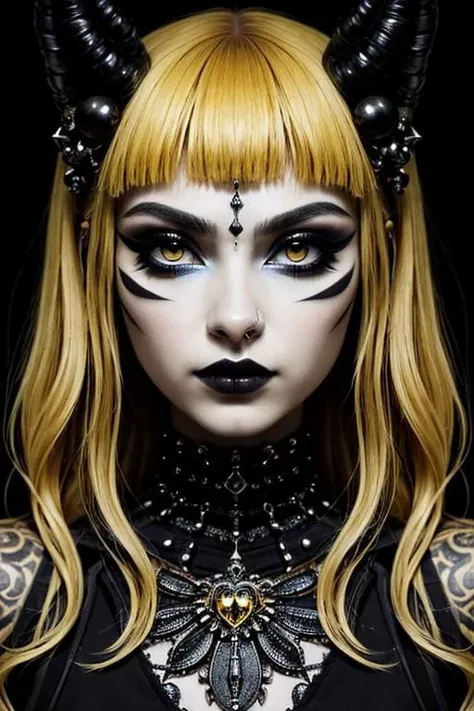 (masterpiece, best quality, high resolution:1.2), th1ckan1m3, detailed face, detailed eyes, detailed skin, extremely detailed, intricate details, portrait of a young goth woman with a nose piercing and heavy makeup, (yellow cat eyes:1.2), black lipstick, dark background, low lighting