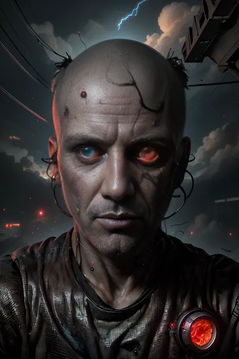 portrait of 1man, <lora:Shv33l_1.5:1> Shv33l , with half of his face robotic, split down the middle, gears and metal, cyberpunk setting, glowing red eyes, deadly intent, cute, frightening, dangerous, adorable, cloudy skies, smog <lora:air-a-e-style-darquelilly-v1:1>