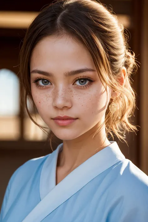 (masterpiece, best quality, high resolution:1.2), detailed face, detailed eyes, detailed skin, extremely detailed, intricate details, film grain, medium shot, depth of field, <lora:add_detail:0.5>, <lora:FujiVelvia50:0.5>, ,
solo, 1 girl, adult finnish woman, light blue eyes, white updo hairstyle, frown, thick lips , freckles, blush, long eyelashes, eyeliner, (closeup upper body portrait:1.0), (focus on face:1.1), kimono, arctic tundra background, sunshine, lens flare (imperial chinese theme:1.1),