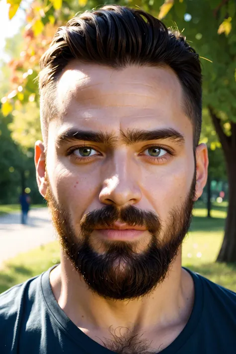 (masterpiece, best quality, high resolution:1.2), detailed face, detailed eyes, detailed skin, extremely detailed, intricate details,
hyperrealism, upper body focus, a bearded man walking in the park on a sunny day,
