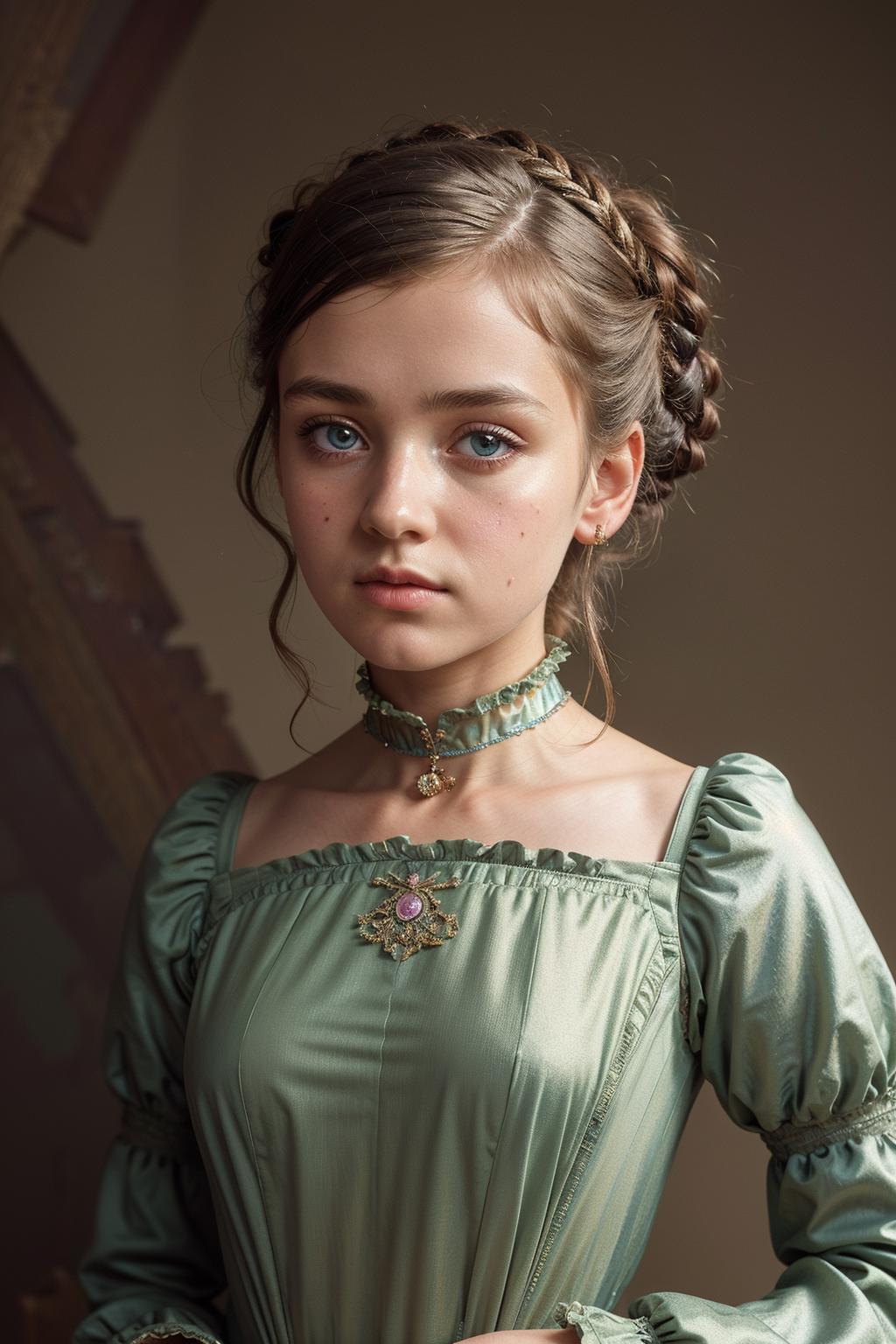 A close up of a woman in a green dress with a necklace - SeaArt AI