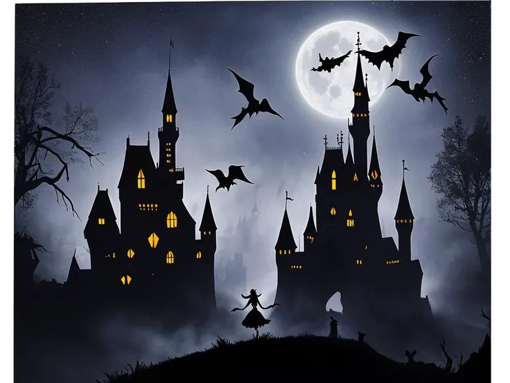 dark night,witch flying sillouette,castle