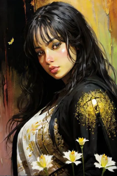 mj, RTX, 8k, HDR, best quality, cinematic film plot, (masterpiece), Andrey Atroshenko, Tanya Shatseva, Ross Tran, Anna Razumovskaya, art, realistic art, digital illustration, portrait, bright saturated colors, Digital Art, cinematic, still life, model woman painting of beautiful white lilies, filigree, fireflies, green spirit, glitter, fantasy, dynamic lighting, light, digital painting, highly detailed, bright rich colors, watercolor, oil paints,