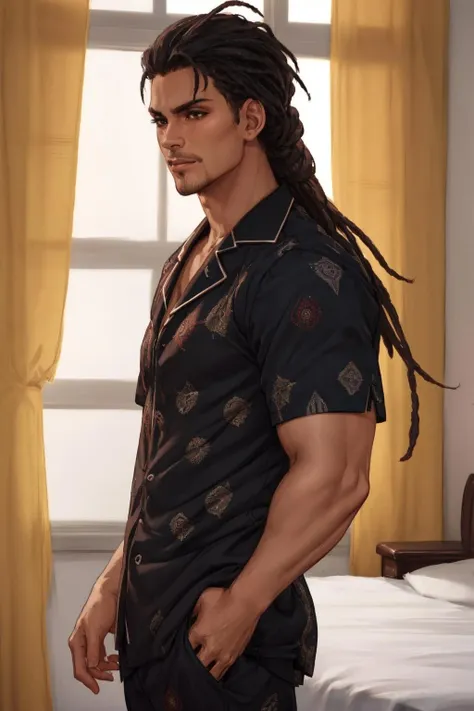 (mature man:1.3), solo, adult, black hair, brown eyes, pajama pants, bare torso, badroom, (high quality), (best quality), (detailed), perfect lighting, detailed face, detailed body, <lora:Dreadlocks:1>, dreadlocks,