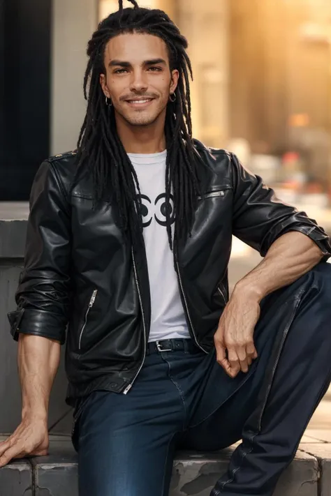 (mature man:1.3), solo, adult, black hair, brown eyes, leather jacket, black jeans, sitting on the curb, night, smile, (high quality), (best quality), (detailed), perfect lighting, detailed face, detailed body, <lora:Dreadlocks:1>, dreadlocks,