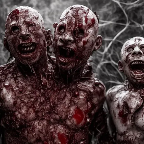man humanoid monster, bizarre, gore, with deformed bodies together, siamese twins, bizarre, blood covered all over the body, background hell with blood, ghost, volence from manhunt, bizarre multiplication, cut, horror, 4k, 8k, ultra hdr , bizarre, very bizarre, blood, bruises, wounds, flesh with wounds,