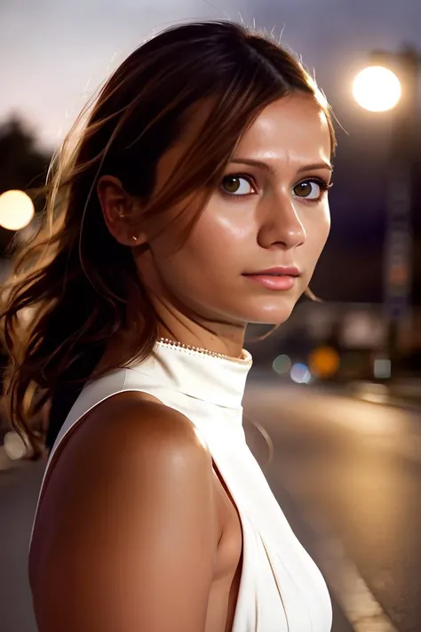 A stunning intricate full color portrait of a woman,wearing a white high neck dress , empty street, a night, pic character composition,by ilya kuvshinov, alessio albi, nina masic,sharp focus, natural lighting, subsurface scattering, f2, 35mm, (closeup) <lora:epiNoiseoffset_v2:1> <lora:EvaRoberts:1>