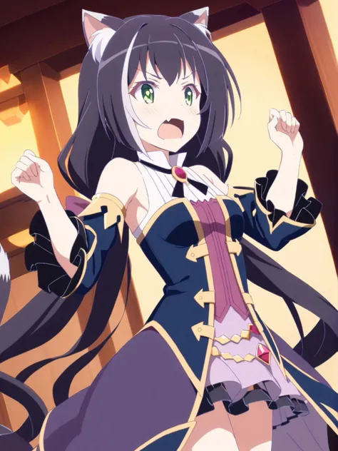 1girl,
karyl \(princess connect!\), princess connect!,
solo, dress, animal ears, multicolored hair, green eyes, black hair, streaked hair, open mouth, cat ears, cat tail, tail, animal ear fluff, detached sleeves, cat girl, low twintails, sleeveless, fang, white hair, twintails, long hair, sleeveless dress,
masterpiece, best quality, safe
<lora:mki-ani31-style2-v1-000125:1>