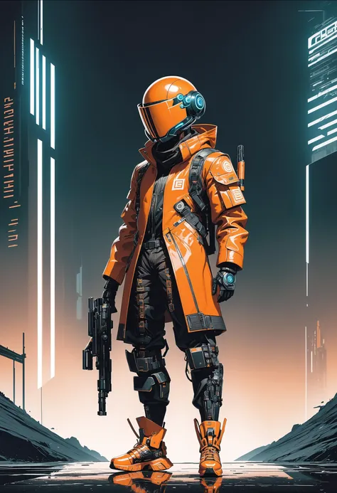 a man in an orange jacket and helmet holding a machine gun and a helmet on his head and a pair of orange shoes, Enki Bilal, tech wear, cyberpunk art, retrofuturism, comic book art, cinematic angle, cinematic lighting, best quality, masterpiece , <lora:Cybercore:0.8>