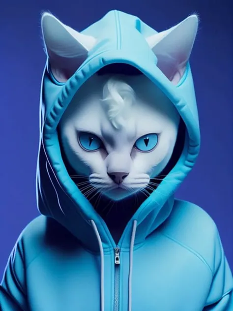 <lora:meowhoodLora_v10:1>a white cat wearing a blue hoodie with blue eyes and blue eyes