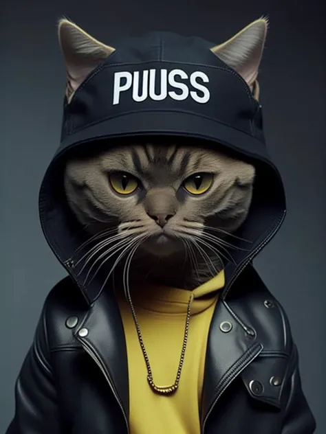 <lora:meowhoodLora_v10:1>a cat wearing a jacket and hat with the word puss on it's head
