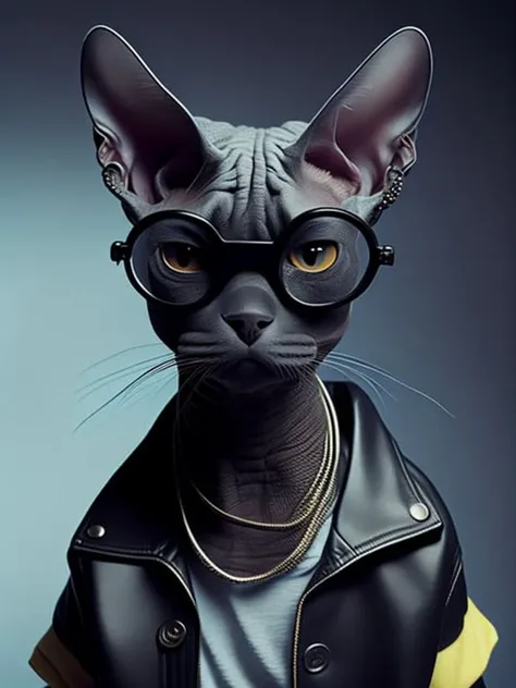 <lora:meowhoodLora_v10:1>a hairless cat wearing sunglasses and a shirt with a chain around it's neck
