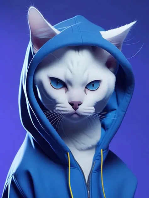 <lora:meowhoodLora_v10:1>a white cat wearing a blue hoodie with blue eyes and blue eyes