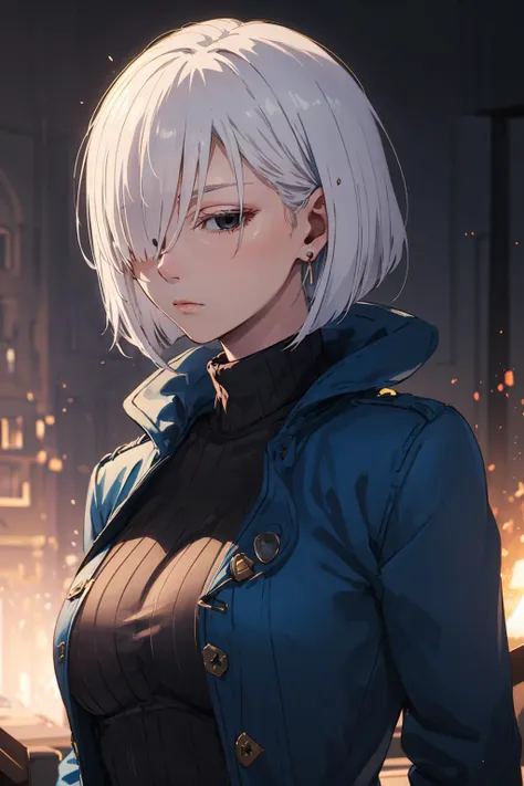 A woman with white hair and a blue jacket standing in front of a fire ...