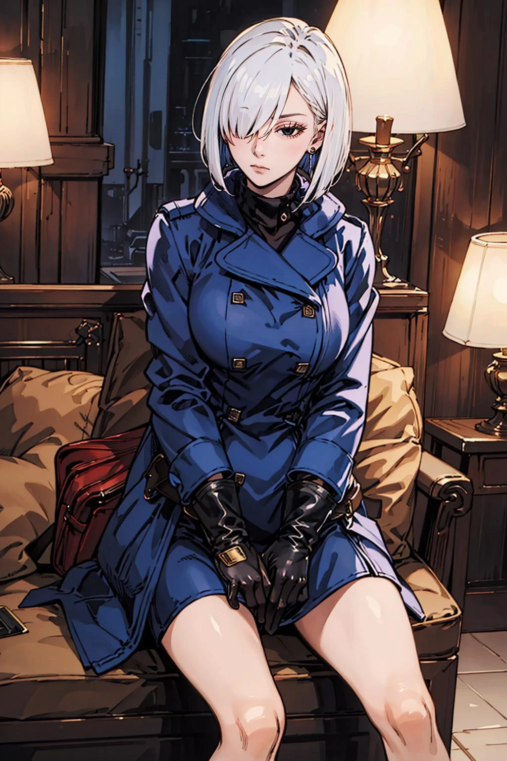 ((masterpiece)), (best quality), official art, extremely detailed CG, unity 8k wallpaper, ultra detailed, highly detailed, detailed background, vivid color, photorealistic, perfect lighting, best illumination,
pikkyfiona, 1girl, white hair, short hair, hair over one eye, bob cut, black eyes, large breasts, jewelry, earrings,
gloves, coat, bag, blue coat, expressionless, luxury hotel, sitting, sexy pose,
<lora:Fiona:0.6>