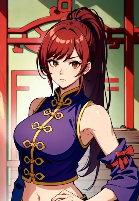 <lora:Kim Wu:1> Kim Wu, 1girl, solo, red hair, orange eyes, thighhighs, midriff, thighhighs, long hair, violet_outfit, violet chinese clothes, qipao, ponytail, thigh strap, sandals, Hour Glass Figure, standing, cowboy shot, shrine, portrait, looking at viewer, ((masterpiece)), ((Best Quality)), ((Extremely Detailed)), ((Ultra Quality)), ((4k))