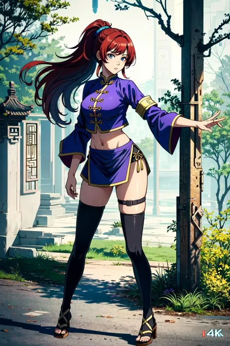 <lora:Kim Wu:1> Kim Wu, 1girl, solo, red hair, blue eyes, thighhighs, midriff, thighhighs, long hair, violet chinese clothes, ponytail, thigh strap, sandals, Hour Glass Figure, standing, Forest, looking at viewer, Fiesty, Standing, ((masterpiece)), ((Extremely Detailed)), ((Ultra Quality)), ((4k))