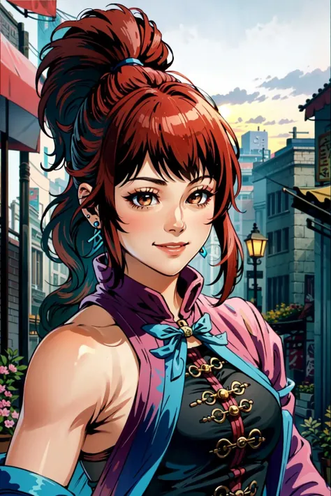 <lora:OGT_Kim_Wu-v2:1> Kim Wu, 1girl, solo, earrings, jewelry, long hair, red hair, brown eyes, smile, makeup, ponytail, portrait, eyeshadow, upper body, slight smile, sunset, (masterpiece, Best Quality, Extremely Detailed, Ultra Quality, 4k)
