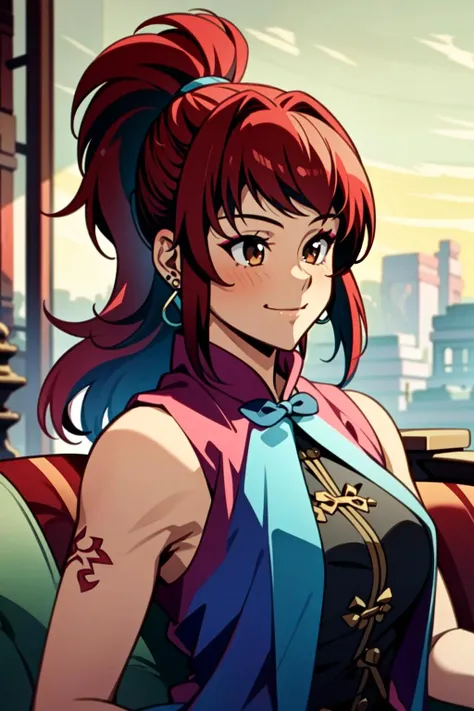 <lora:OGT_Kim_Wu-v2:1> Kim Wu, 1girl, solo, earrings, jewelry, long hair, red hair, brown eyes, smile, makeup, ponytail, portrait, eyeshadow, full body, indoors, living room, couch, sunset, (masterpiece, Best Quality, Extremely Detailed, Ultra Quality, 4k)