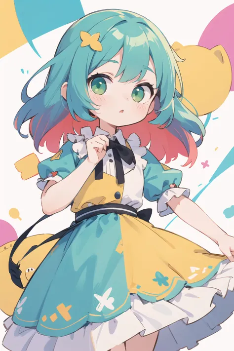 masterpiece, best quality, cute, kawaii, ((colorful)), 1girl, multicolored hair, green eyes, dress