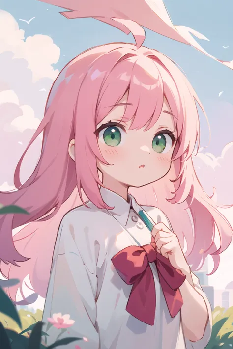 masterpiece, best quality, cute, kawaii, 1girl, pink hair, green eyes, upper body, sunny, cloudy sky,