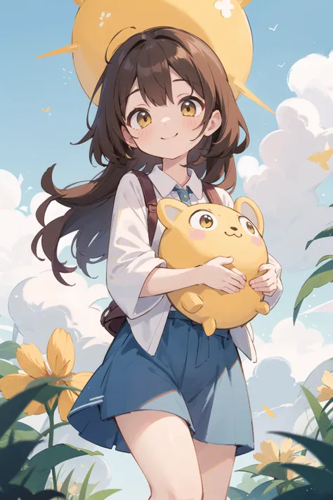 masterpiece, best quality, cute, kawaii, 1girl, solo, brown hair, yellow eyes, smile, sunny, cloudy sky,