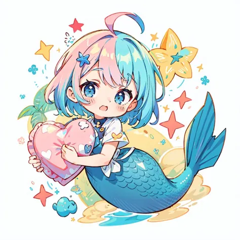 (chibi:1.3), best quality, masterpiece, highly detailed, kawaii,
BREAK 1girl, solo, happy, cute aesthetic illustration, stylized digital art, abstract and colorful paint style,
BREAK simple background,
BREAK mermaid girl, medium breasts, (pastel rainbow hair:1.27628)
BREAK abstract art, holding, heart pillow, [blue|pink:1.1]
BREAK galaxy, white background, splash art, official art, blush stickers, (thick white outline:1.1)