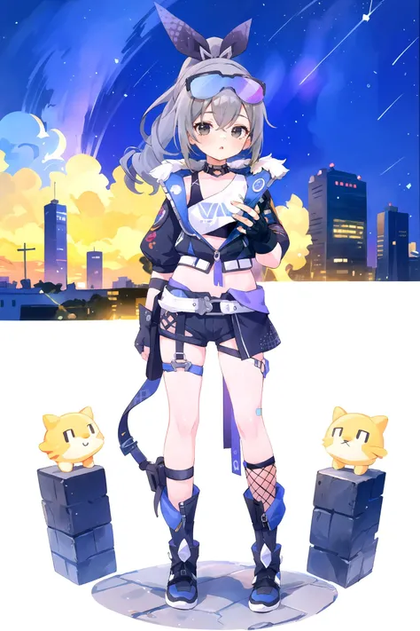 1girl, silver wolf \(honkai: star rail\), solo, cropped jacket, full body, fingerless gloves, cityscape, black shorts, eyewear on head, single fishnet sock, black footwear, thigh strap, hair ribbon, crop top, choker, drill ponytail, standing, depth of field, (extremely detailed CG unity 8k wallpaper,masterpiece, best quality, ultra-detailed:1.2), nice hands, perfect hands, <lyco:GoodHands-beta2:1.0>