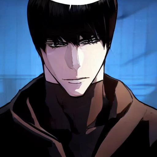 masterpiece, best quality, absurdres, perfect anatomy, beautiful background, handsome face, handsome eyes, muscle body, 002, 1boy, solo, short hair, black hair, red purple eyes, slight smile, tight shirt, turtleneck, black turtleneck, short sleeve,      <lora:002:0.85>