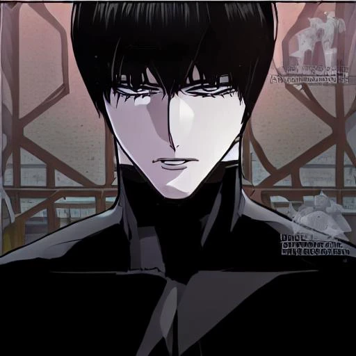 masterpiece, best quality, absurdres, perfect anatomy, beautiful background,  handsome face, handsome eyes, muscle body, 002, 1boy, solo, short hair, black hair, red purple eyes, handsome smile, tight shirt, turtleneck, black turtleneck, short sleeve, trench coat, black coat, long pant, black pant, standing leaning against the wall, cross arm over chest, military gloves, black gloves,      <lora:002:0.85>