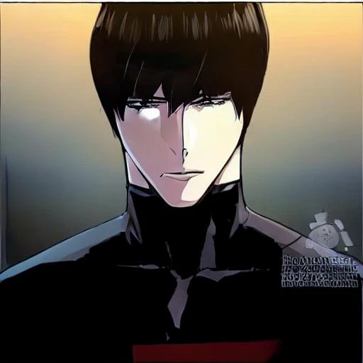 masterpiece, best quality, absurdres, perfect anatomy, beautiful background, cherry blossom tree background, handsome face, handsome eyes, muscle body, 002, 1boy, solo, short hair, black hair, red purple eyes, handsome smile, tight shirt, turtleneck, black turtleneck, short sleeve,       <lora:002:0.85>