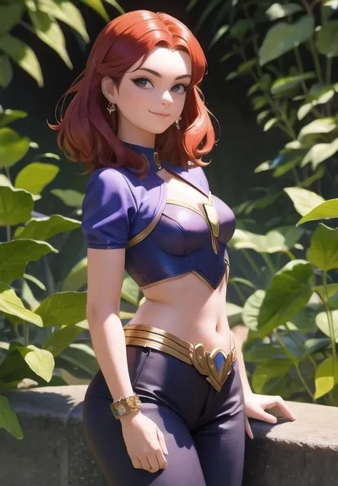 best quality, masterpiece, 1girl intricate detail, (full body), detailed face, smug, looking at viewer, detailed hairstyle, choker, <lora:igawasakura-taimanin-richy-v1:1> igawasakura, orange hair, <lora:Starfire Costume_v1:1> starfire costume <lora:add_detail:1>