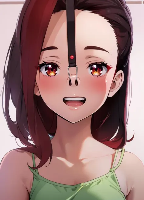 masterpiece,8k wallpaper,portrait (best quality, Ultradetailed:1.2)((solo)),twenty age,girl,(camisole),(),thin calf,((big chest)),open mouth,<lora:NosehookV5:0.8>(makeup:0.5),red cheek,((luster body)),(side view:1.1)grin,looking at viewer,forehead