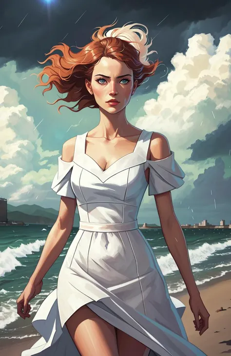 beautiful woman lex in a white dress blowing in the wind, walking on a stormy beach, dark clouds, (cowboy shot:1.4), realistic, masterpiece, highest quality, backlighting, (lens flare:1.1), (bloom:1.1), (chromatic aberration:1.1), by Jeremy Lipking, by Antonio J. Manzanedo, digital painting