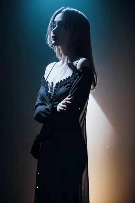 (matter:1.2),(horror:1.25),(star:1.4),directed by shane mcmellen,in the style of neon-lit pop art,photo taken with ektachrome,distorted portraiture,surreal sculpture,gothic dark and moody tones,softbox lighting,instax film,a stunning photograph of beautiful woman,Color film photograph,FilmG,8k,raw photo,(film grain:1),(floating dust particle:1.2),award winning photo,24mm,on focus,spotlight,rim light,in the dark,dimly lit,low key,deep shadow,fogs,<lora:maiV1:0.3>,mai,<lora:LilaBlackNightgownV1:1>,black nightgown,<lora:20230529070953:0.3>,lying,looking to viwer,on back,view from aboce