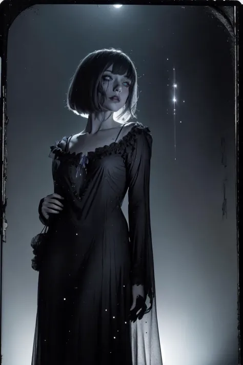 (matter:1.2),(horror:1.25),(star:1.4),directed by shane mcmellen,in the style of neon-lit pop art,photo taken with ektachrome,distorted portraiture,surreal sculpture,gothic dark and moody tones,softbox lighting,instax film,a stunning photograph of beautiful woman,Color film photograph,FilmG,8k,raw photo,(film grain:1),(floating dust particle:1.2),award winning photo,24mm,on focus,spotlight,rim light,in the dark,dimly lit,low key,deep shadow,fogs,<lora:maiV1:0.3>,mai,<lora:LilaBlackNightgownV1:1>,black nightgown,<lora:20230529070953:0.3>,looking to viwer,view from below,short hair,