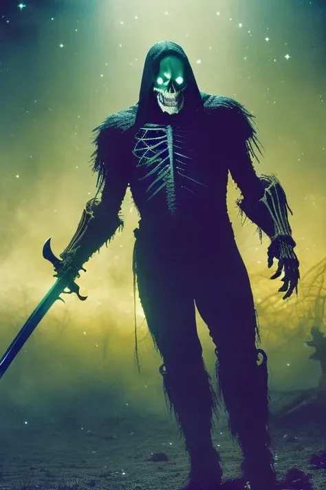 (matter:1.2), (horror:1.25), (star:1.4), (floating dust particle:1.2), distant photo of a gigantic skeletal husk of a creature, looming over a man with a sword., <lora:20230529070953:0.6>