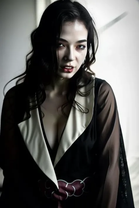 moody instgram photo, woman wearing <lora:akatsuki-outfit:0.9> akatsuki outfit, <lora:blood:0.5>, sitting in an icy tundra, cool lighting, <lora:å·è°_Cool tones:0.5> 1 atmospheric, dof, 24mm, on focus, spotlight, rim light, in the dark, dimly lit, low key, deep shadow,fogs, closed eyes, soft black hair, pale skin, snowing, snowflakes, wet, r/nsfwcosplay, reddit, best quality, best aesthetic, <lora:fangs:0.6> fangs