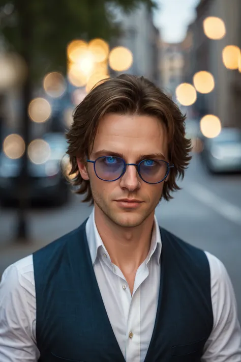 Simon Petrikov, RAW, ((light bokeh)), elegant, sharp focus, photo by greg rutkowski, soft lighting, vibrant colors, (masterpiece), ((streets)), (detailed face:1.2), (glowing blue eyes:1.1), 1boy, male focus, solo, brown hair, shirt, blue eyes, glasses, vest, sunglasses, sleeves rolled up, tinted eyewear, looking over eyewear, <lora:SimonPetrikov-000009:0.4>