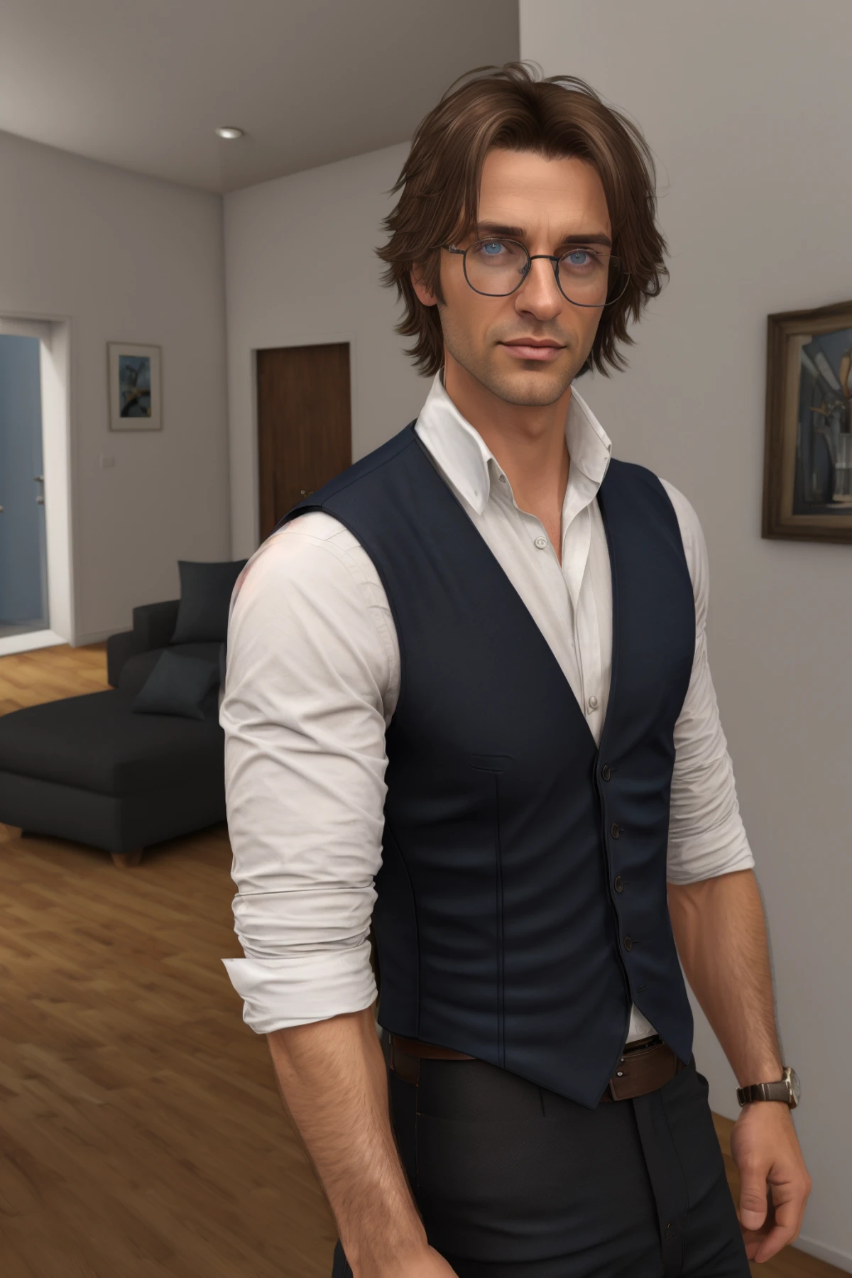 <lora:SimonPetrikov-000009:0.5> Simon Petrikov, solo, tanned skin, short hair, blue eyes, brown hair, shirt, 1boy, white shirt, upper body, male focus, parted lips, glasses, (reading glasses), indoors, vest, lips, sunglasses, sleeves rolled up, black vest, realistic