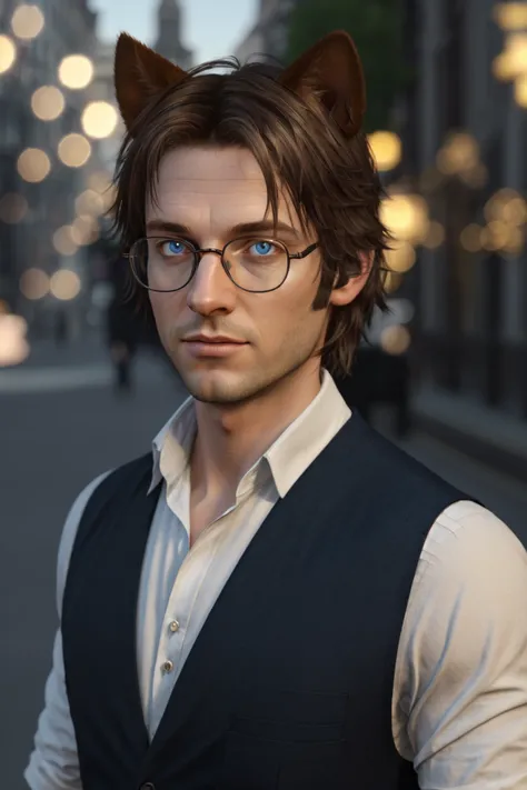 Simon Petrikov, RAW, ((light bokeh)), elegant, sharp focus, photo by greg rutkowski, soft lighting, vibrant colors, (masterpiece), ((streets)), (detailed face:1.2), (glowing blue eyes:1.1), 1boy, male focus, solo, brown hair, shirt, glasses, vest, sleeves rolled up, animal ears, cat ears, animal ear fluff, full body, looking over eyewear, complex 3d render, best quality, masterpiece, illustration, an extremely delicate and beautiful, extremely detailed, CG, unity, wallpaper, (realistic, photo-realistic:1.37), Amazing, finely detail, masterpiece, best quality, official art, extremely detailed CG unity 8k wallpaper, absurdres, incredibly absurdres, <lora:SimonPetrikov-000009:0.4>