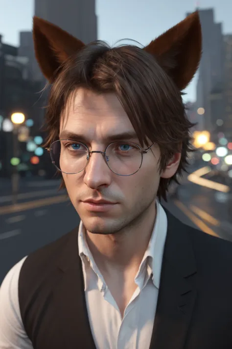 Simon Petrikov, RAW, ((light bokeh)), elegant, sharp focus, photo by greg rutkowski, soft lighting, vibrant colors, (masterpiece), ((streets)), (detailed face:1.2), (glowing blue eyes:1.1), 1boy, male focus, solo, brown hair, shirt, glasses, vest, sleeves rolled up, animal ears, cat ears, animal ear fluff, full body, looking over eyewear, complex 3d render, best quality, masterpiece, illustration, an extremely delicate and beautiful, extremely detailed, CG, unity, wallpaper, (realistic, photo-realistic:1.37), Amazing, finely detail, masterpiece, best quality, official art, extremely detailed CG unity 8k wallpaper, absurdres, incredibly absurdres, <lora:SimonPetrikov-000009:0.4>