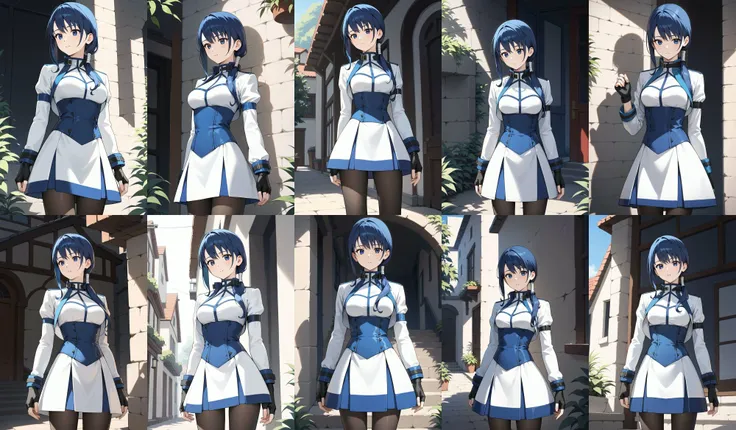 score_9, score_8_up, score_7_up, score_6_up, score_5_up, score_4_up, source_anime, aamerry, long hair, low ponytail, blue hair, blue eyes, white dress, long sleeves, fingerless gloves, black gloves, underbust, black pantyhose, <lora:merry_(grimgar)_ponyxl_v1:0.9>, standing, cowboy shot