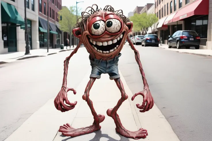 Hyperrealistic (Full body shot) photo Whimsical during in basilwolverton style, grotesque, spaghetti hair, bulging eyes, skin folds, veins, large teeth, bloodshot eyes 1man smiling walking down a city street looking across the street towards camera <lora:BasilWolvertonComboStyleXL_v1.1:0.8>