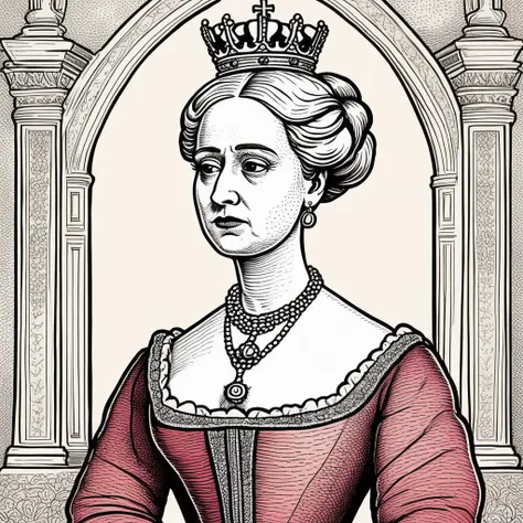 in basilwolverton style <lora:BasilWolvertonComboStyleXL_v1.1-000012:0.7> color line art
hand drawn illustration of a Queen Victoria (Royalty) in basilwolverton style, parody
with a Sad expression
with forehead wrinkles,bloodshot eyes
clean lines, bold outline, crisp features, extremely detailed, tiny details
simple background