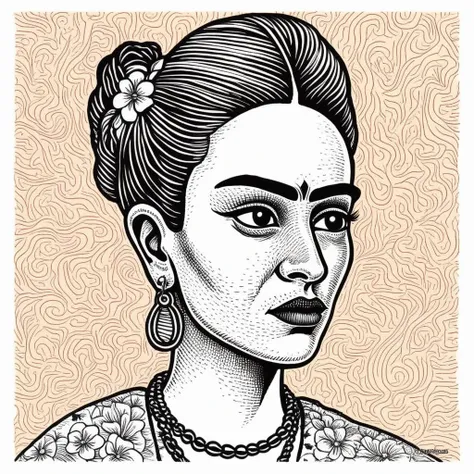 in basilwolverton style <lora:BasilWolvertonComboStyleXL_v1.1-000012:0.7> color line art
hand drawn illustration of a Frida Kahlo (Artist) in basilwolverton style, parody
with a Withdrawn expression
with eyelids,skin folds,spaghetti hair
clean lines, bold outline, crisp features, extremely detailed, tiny details
simple background